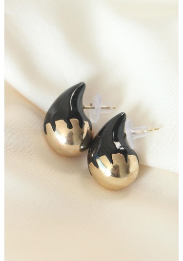 Minimal Siyah Mineli Çift Renk Damla Küpe Gold