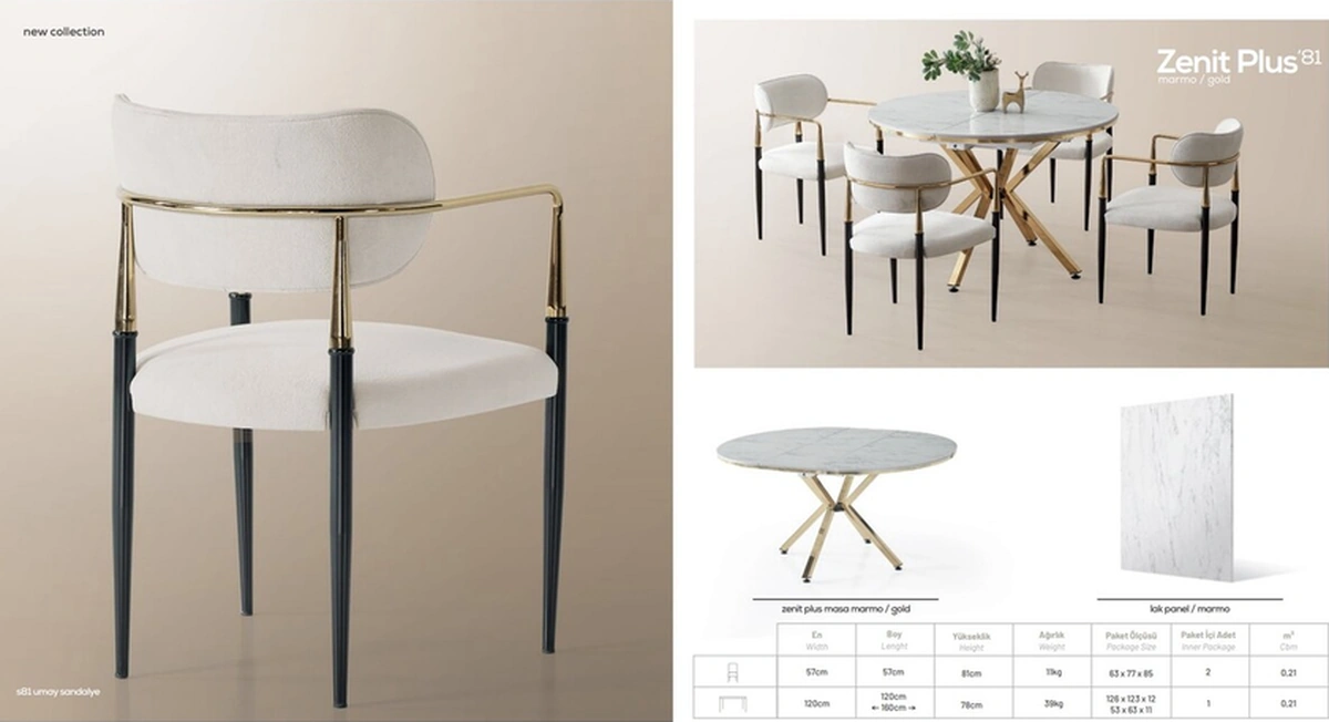 Dengema Zenit Plus Açılır Yuvarlak Masa Takımı Beyaz Mermer Gold Ayak Ø120 160 Cm, 4 Sandalye Beyaz Mermer - Gold Ayak
