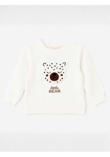 Zekids Kız Bebek Ayıcık Punch İşlemeli Sweatshirt-16305 Ekru