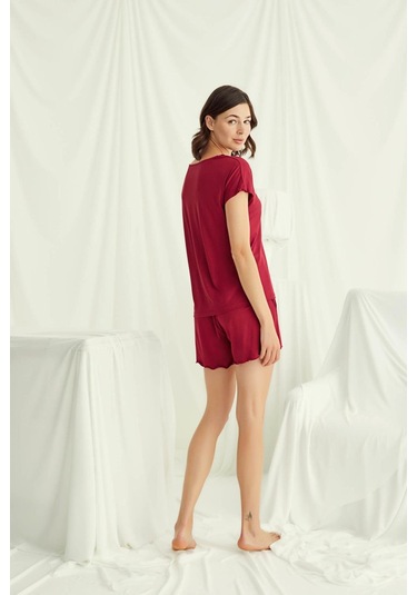 Monamise 18516 Kadın V Yaka Kısa Kollu Şortlu Pijama Takımı-kırmızı Kırmızı