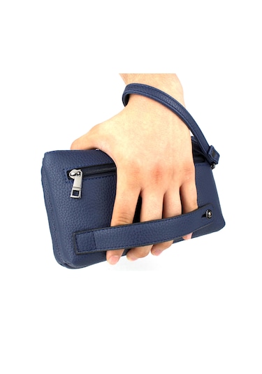 Erkek Lacivert Çok Bölmeli Bileklik Kemerli El Bantlı Portföy Çan