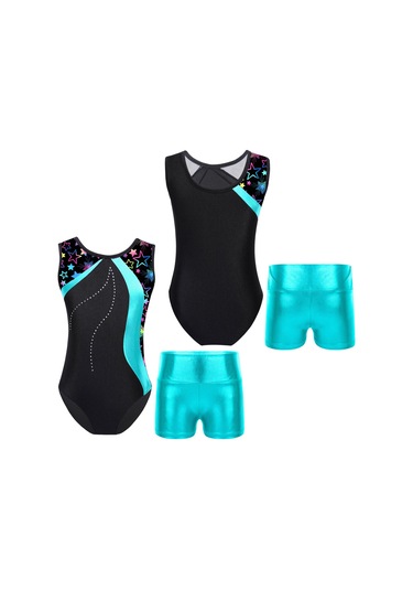 Çocuk Kız Kolsuz Baskılı Patchwork Leotard Metalik Yüksek Bel Şort Setleri Dans Pateni Jimnastik Tulum Göl Yeşili Yeşil