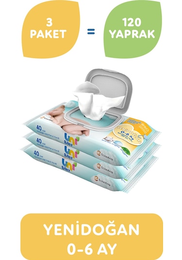 Uni Baby Yenidoğan Islak Pamuk Mendil 3 x 40 'lı 120 Yaprak