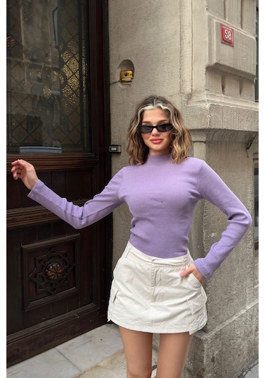 Saks Yarım Balıkçı Şardonlu Fitilli Bluz Lila