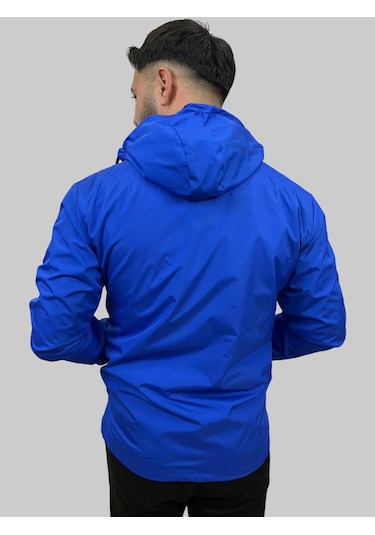 Erkek Kapüşonlu File Detaylı Saks Mavisi Yağmurluk Saks Mavisi Saks