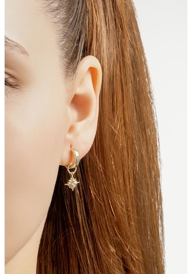 Parlayan Yıldız 18 Aya Sarı Altın Kaplama Gümüş Halka Küpe Sarı