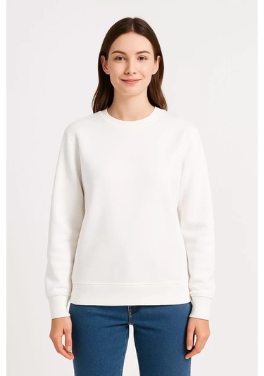 Kadın Üç İplik Düz Bisiklet Yaka Sweatshirt - Beyaz Beyaz