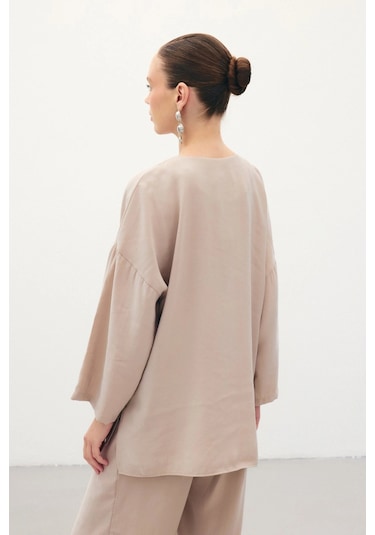 Sateen Düğmeli Kimono - Taş Taş