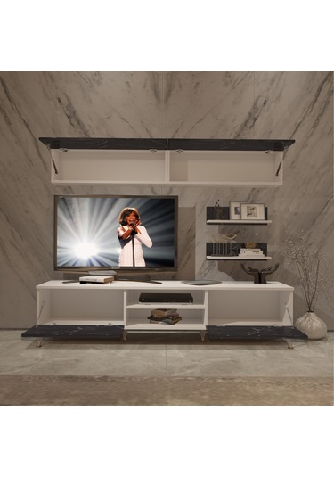 Decoraktiv Eko 5 Mdf Dvd Gold Tv Ünitesi Tv Sehpası Beyaz - Siyah Mermer
