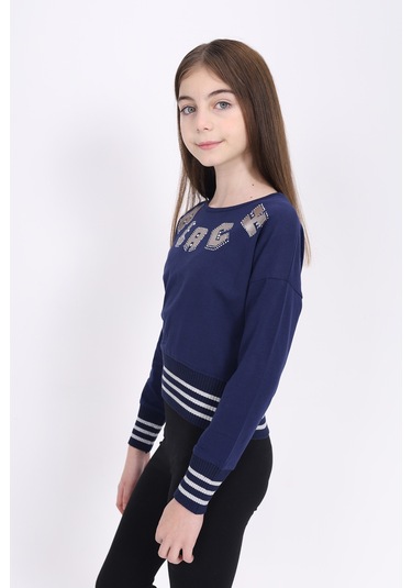 Toontoy Kız Çocuk Sweatshirt Black Varak Baskılı Lacivert