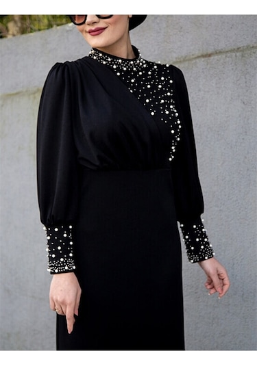 İnci Detaylı Özel Gün Elbisesi Siyah