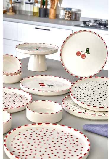 Kitchen Life 11 Parça - 6 Kişilik Cherry Stackable - Kahvaltı Takımı  Kirazlı Kahvaltılık Sunum Tabağı Kırmızı