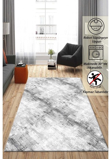 Raschel Carpet Çizgi Desenli Gri Kaymaz Taban Kalın Peluş Halı - Yolluk Gri