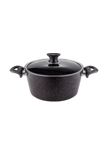 28 Cm Granit Derin Tencere Cam Kapak - Siyah Siyah