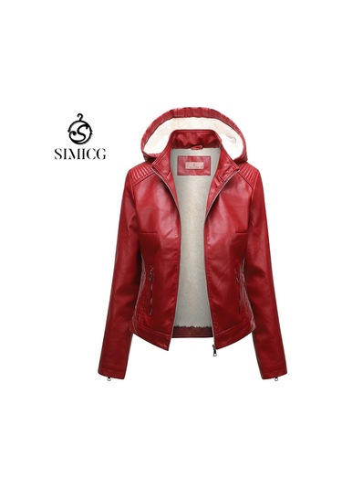 Kapüşonlu Peluş Deri Ceketli Kadın İlkbahar Ve Sonbahar Ceketi Kırmızı