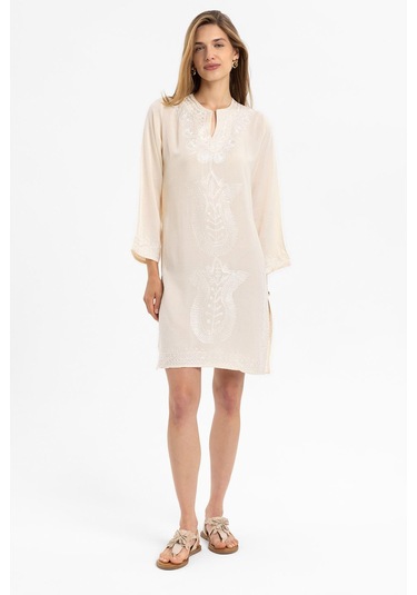 Krem İşlemeli Uzun Kollu Astarsız Pamuklu Kısa Elbise-krem Krem