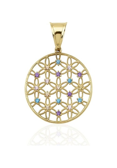 Fiyonk Kuyumculuk 14 Ayar Altın Renkli Taş Detaylı Yaşam Çiçeği Kolye Ucu Küçük 001