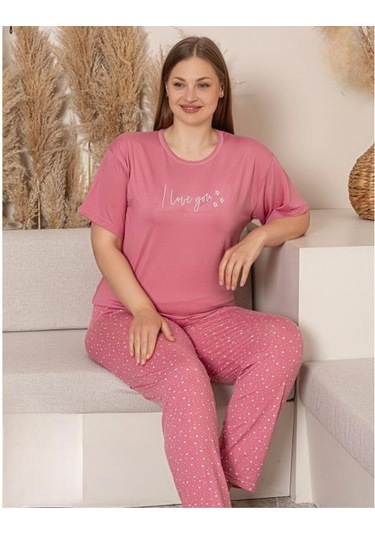 Charme Kadın Büyük Beden Bisiklet Yaka Milan Likralı Kısa Kol Pijama Takımı K601/246 - 1 Adet Pembe
