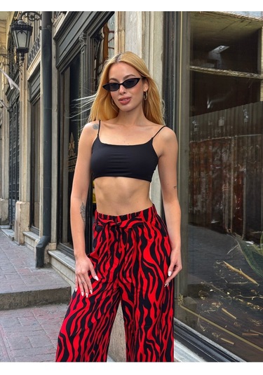 Kadın Yüksek Bel Kuşaklı Desenli %100 Viscose Pamuk Geniş Paça Şık Casual Büyük Beden Curve Pantolon Kırmızı