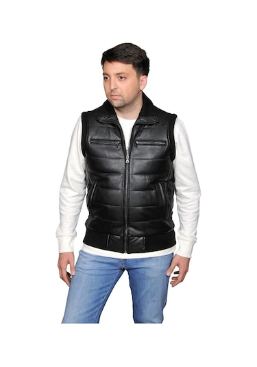 Asyaclub Max Hakiki Deri Erkek Siyah Trikolu Şişme Yelek Siyah