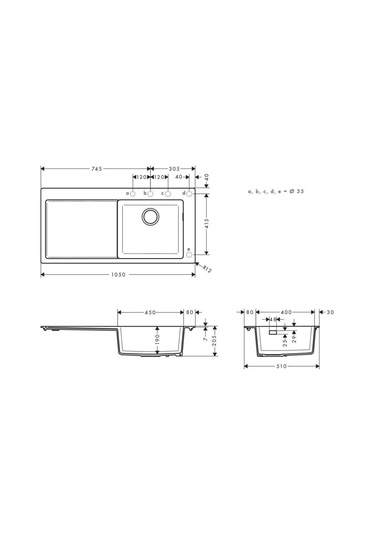 Hansgrohe S514-F450 Ankastre Granit Eviye 450 Sol Damlalık Grafit