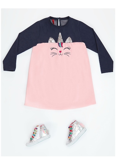 Denokids Payetli Catcorn Kız Elbise Pembe