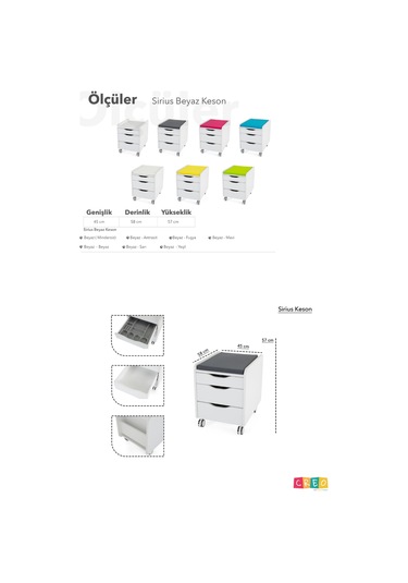 Creo Mobili Çekmeceli Tekerlekli Sirius Keson, Oturulabilir Ofis Ve Ev Komodini, Beyaz/beyaz