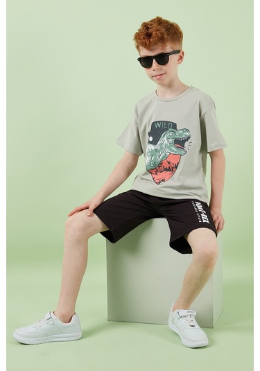 Lela Pamuklu Regular Fit Bisiklet Yaka Şortlu Alt-Üst Erkek Çocuk Takım 6212018 Gri