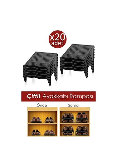20 Adet Çiftli Ayakkabı Düzenleyici Rampa Siyah