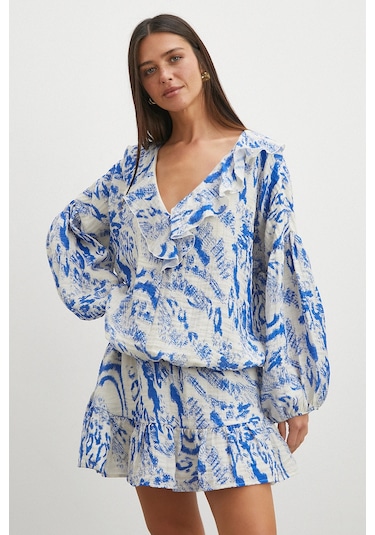 Uterpe Balon Kollu Fırfırlı Desenli Crop Bluz Mavi