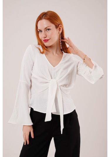 Soonaksesuar Ön Bağlamalı Volan Kol Beyaz Bluz Beyaz