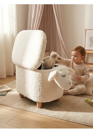 Kuzu Figürlü Sandıklı Puf Modelleri Teddy Puf Krem