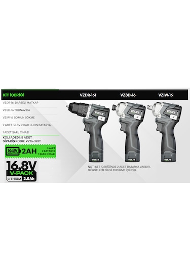 Voltz VZ16-3KIT 16.8V Çift Akülü Vidalama + Somun Sökme + Tornavida 3'lü Set