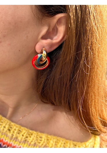 Bymerve Abiye Tasarım Halka Gold Tabaka Kırmızı 3,5cm Kadın Çelik Küpe Kırmızı