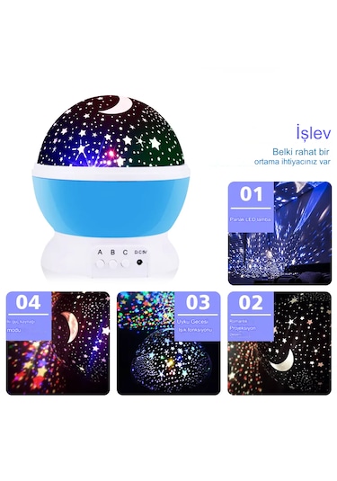 Dekoratif Çocuk Odası Gece Lambası Projeksiyon Dönen Ay Yıldız Mavi