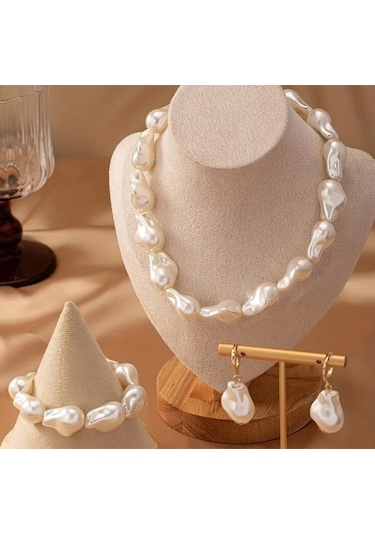 Şık Zarif Elegant Barok Inci Set Kolye Bileklik Küpe Beyaz