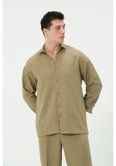 Erkek Oversize Keten Uzun Kol Dört Gömlek Haki