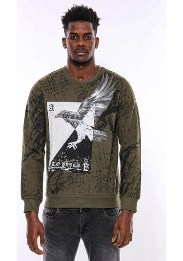 Wessi Yeşil Baskılı Taşlı Bisiklet Yaka Sweatshirt Yeşil