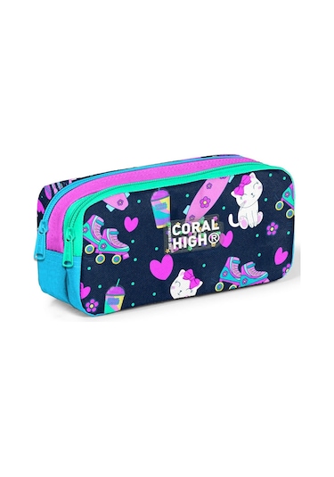 Coral High Lacivert Pembe Kedili İki Bölmeli Kalem Çantası - Kız Çocuk