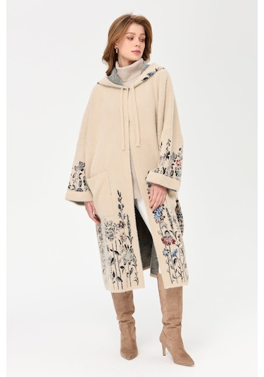 Kadın Triko Kırçiçeği Desenli Afrodit Panço Bej Bej
