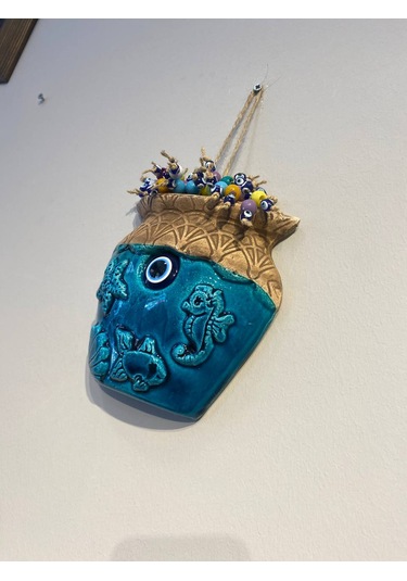 El Yapımı Nazar Boncuğu, Duvar Dekorasyon Ürünü, Seramik, El İşçiliği, Turkuaz Renkte Vazo Desenli -