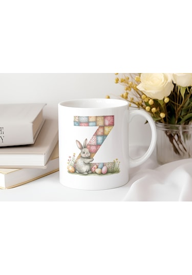 Z Harfli Tavşan Kupa - Patchwork / Yamalı Desenli İsme Özel Kupa - Pastel Vintage Tarz Hediyelik 07 Beyaz