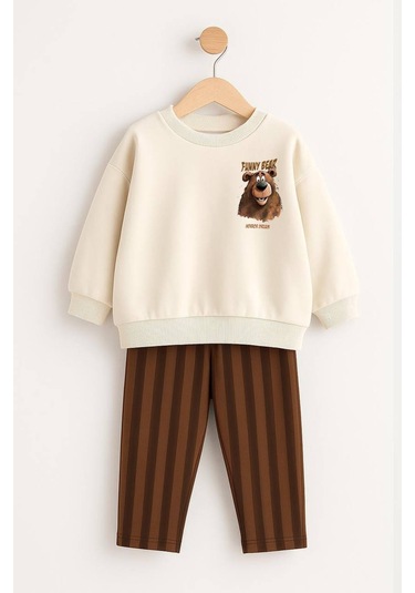 Erkek Çocuk Kahve Renk Funny Bear Baskılı Sırt Detaylı Sweatshirt Çizgili Jogger Eşofman Alt Üst Takım Krem Erkek Çocuk Kahve Renk Funny Bear Baskılı Sırt Detaylı Sweatshirt Çizgili Jogger Eşofman Alt Üst Takım Krem