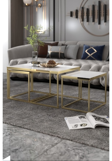 Orta Sehpa Ve Zigon Yan Sehpa Flora Set Gold Beyaz Beyaz