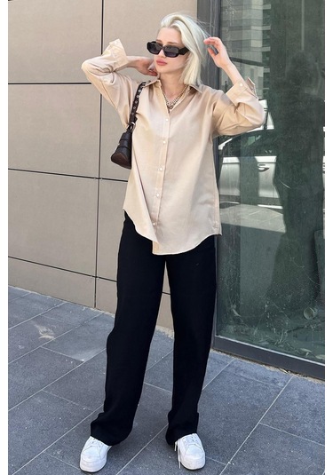 Madmext Mad Girls Bej Oversize Gömlek Mg1369-bej Bej
