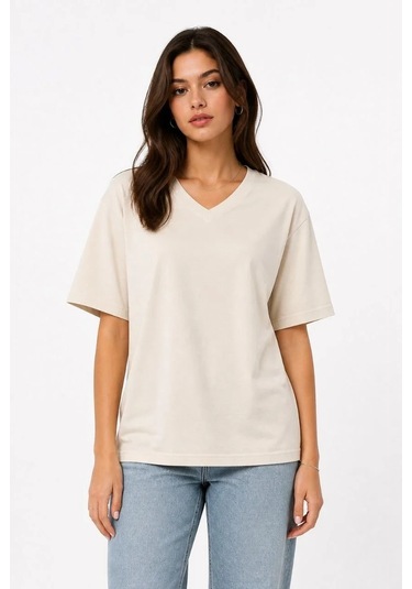 Tarzyeri Kadın V Yaka Basic Tişört Kısa Kol Yazlık Regular Fit T-shirt - Bej