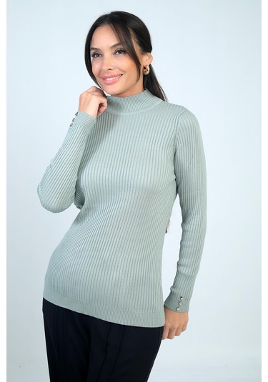 By Saygı Kadın Balıkçı Yaka Basic Fitilli Kolları Düğme Detaylı Kazak-41690 SU YEŞİLİ