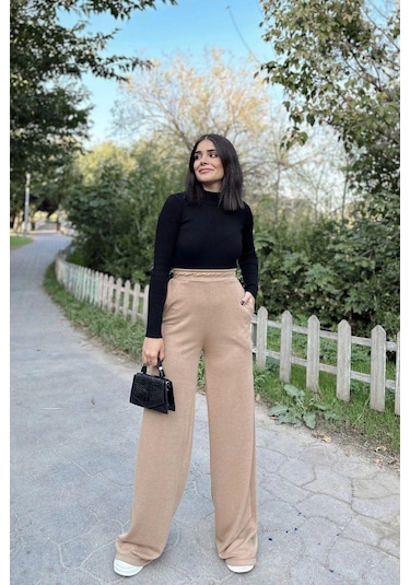 Kadın Camel Beli Lastikli, Cepli Örme Dokuma Kumaş, Bol Paça, Salaş Pantolon Camel