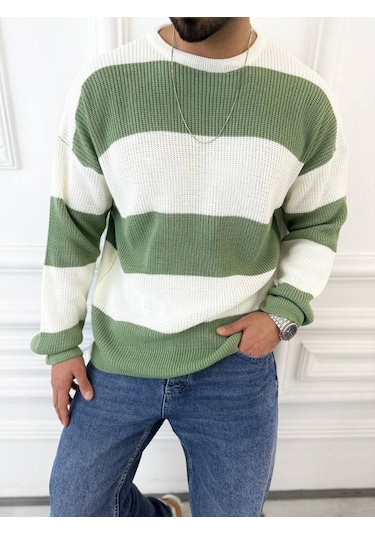 Kazak Oversize Tüylenmez Naturel Pamuk Örme Triko Kazak Haki - Yeşil