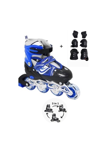 Işıklı Çocuk Pateni Silikon Ayarlanabilir Teker Metal Gövde Numaralı Ve Koruma Seti Mavi